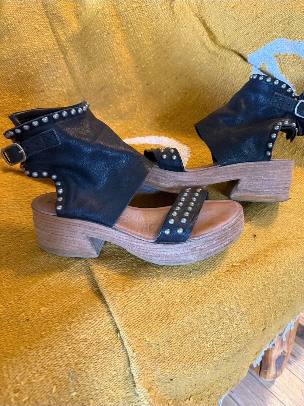 A.S.98 Black Studded Leather Wedge Sandals